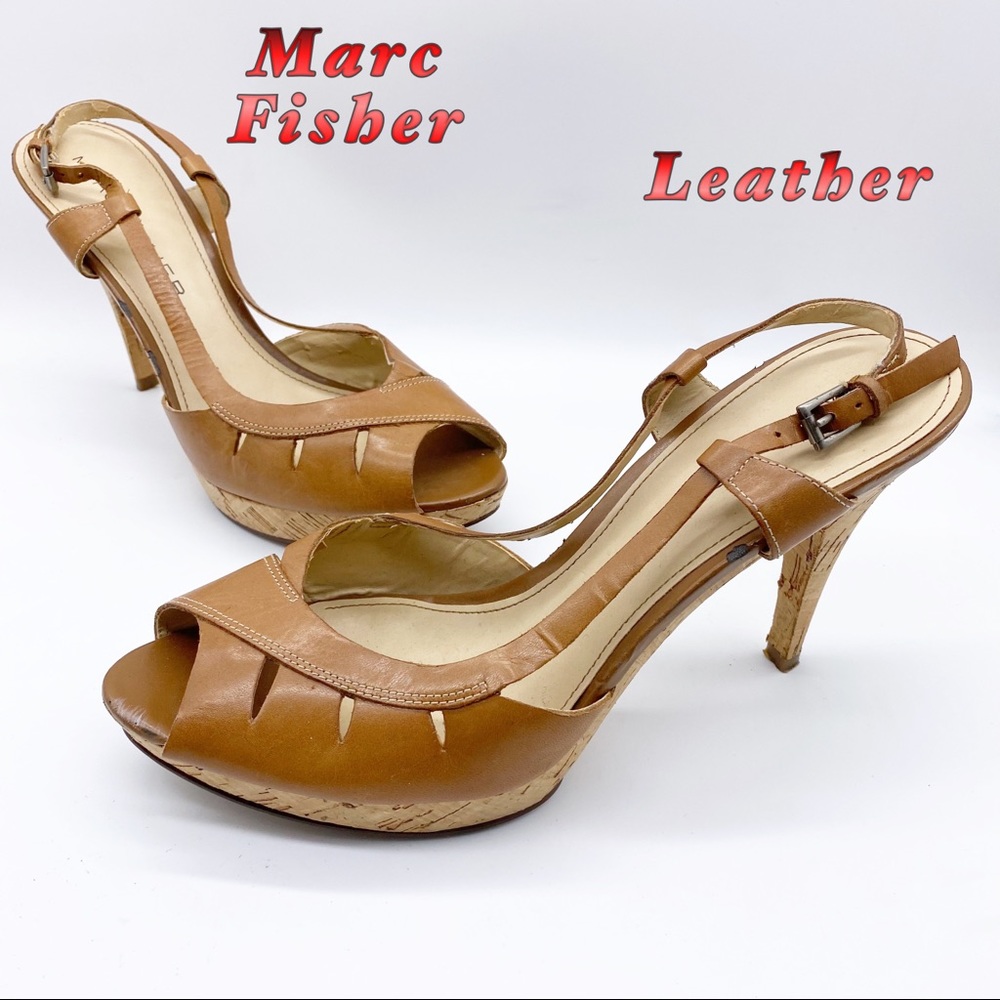 Marc Fisher-Leather Tan Strappy Cork heels 10